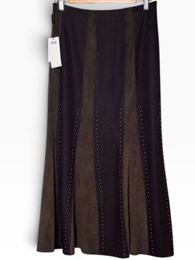 Marc Cain Faux Suede Lined Studded panel Long a-line skirt US Size 4 (see chart)